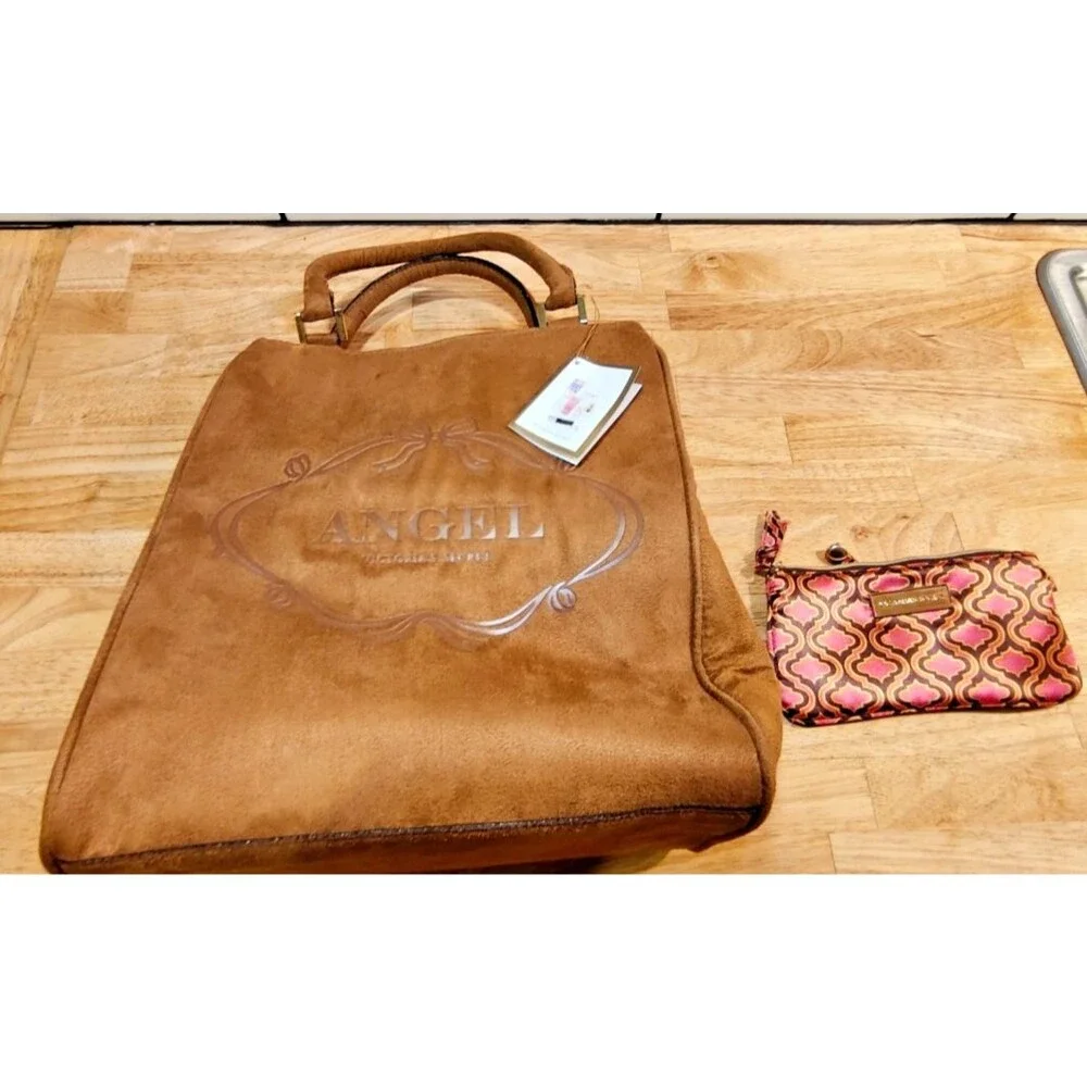 Victoria's Secret Angel Brown Faux Suede Tote Handbag Matching Pink Satin Pouch